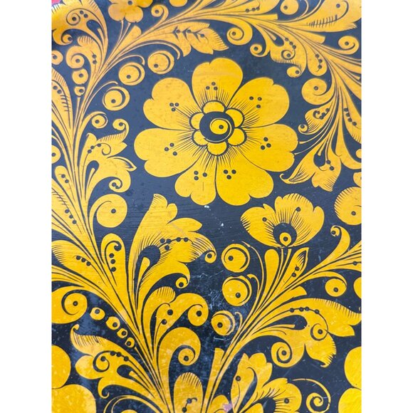 Vintage Russian Made in USSR Laquered Plate Gold Black Wooden Ware Folk Art READ - Picture 5 of 14